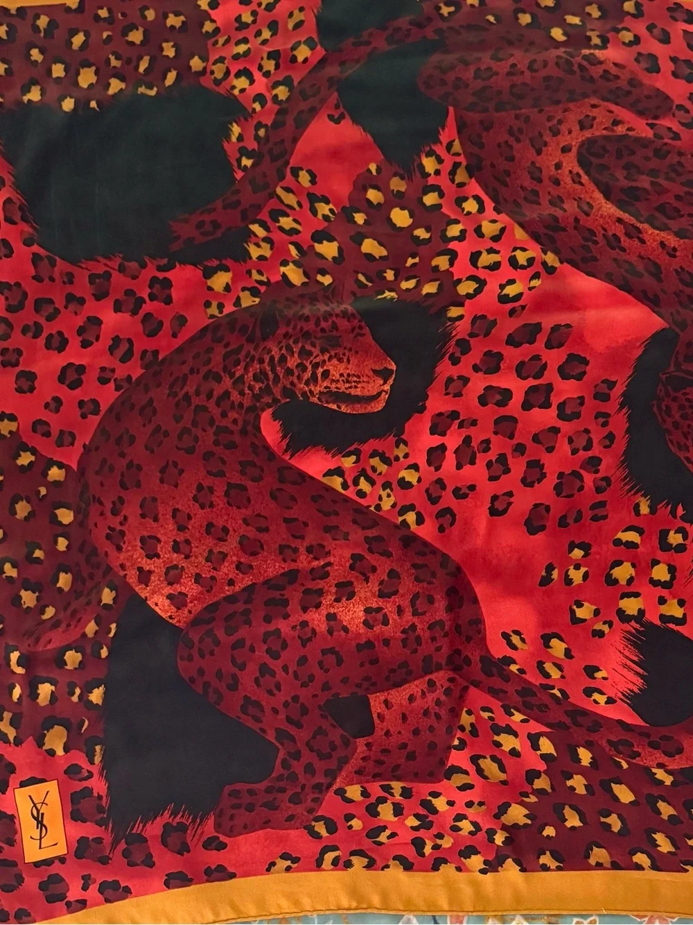 YSL Scarf. Vibrant Red Leopard Motif Silk Scarf